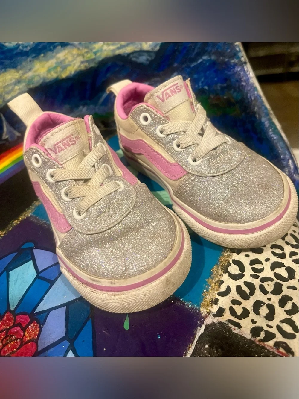 Vans Silver Glitter Sneakers with Pink Accents Size 5.0 Toddler